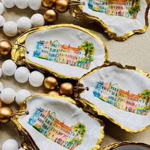 Charleston South Carolina Rainbow Row decoupaged oyster shell  napkin rings /wine bottle ring /oyster shell ornaments