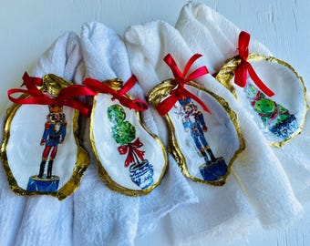 Gift set of 4 nutcracker decoupage oyster shell ornaments/ napkin rings/ Christmas gift idea/ Christmas dinner decor