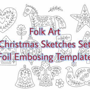 Può includere: Set di schizzi natalizi di arte popolare, modello di goffratura a lamina. Include disegni al tratto di un cuore, un cavallo, una stella, una casa, un fiore, un ornamento, una calza, un angelo, una campana, un albero e un uccello. Testo: Folk Art Christmas Sketches Set Foil Embossing Template.