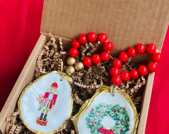 Gift set of 2 Nutcracker and Christmas Wreath decoupage oyster shell ornaments/ napkin rings