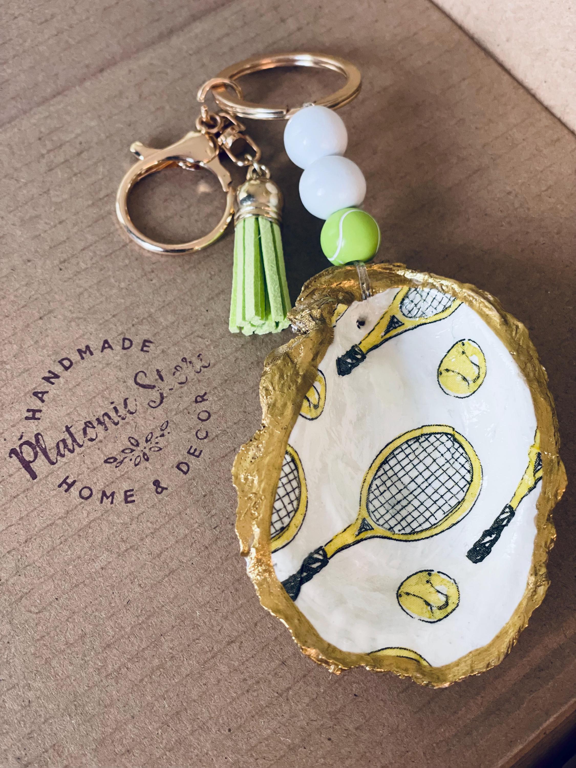 Decoupage Oyster Shell Keychain: Coastal Tennis Racket Design - Etsy