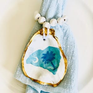 Blue South Carolina map and Palmetto coastal style decoupaged oyster shell  napkin rings /wine bottle ring /oyster shell ornaments