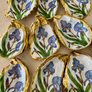 Handmade Decoupage Oyster Shell Trinket Dish: Iris Flower Wedding Favors