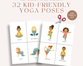 Juego de tarjetas didácticas de yoga para niños (imprimibles): 32 posturas para la atención plena y el movimiento infantil.