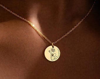Birth Flower Necklace, Engraved Name Necklace, Dainty Floral Necklace, Handmade Jewelry,Personalized Gifts,Birthday Mothers Day Gift for Her
