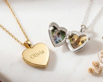 Personalized Heart Locket Necklace, Custom Photo Engraving, 18K Gold Plated Keepsake