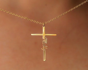 Collier prénom croix, collier croix prénom personnalisé, collier croix porte-bonheurCollier prénom personnalisé, cadeau religieux pour femme, « L'or vous bénira »