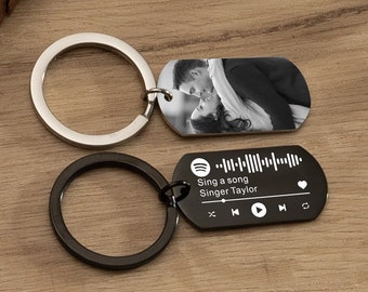 Personalized Engraved Music Song Keyring with Photo, Custom Spotify Code Photo Keyring, Anniversary Gift, Valentines Day, Favorite Song Gift