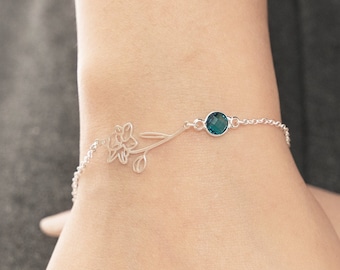 Personalized Birth Flower Bracelet, Dainty Birth Flower Bracelet, Birth Month Flower Bracelet with Birthstone, Graduation Gift for Her