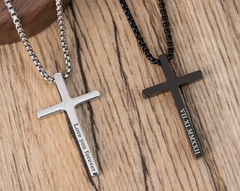 Personalized CROSS NECKLACE for Men, Custom Engraved Silver Black Unique Jewelry Pendant, Baptism Catholic Christian Birthday Gift for Boys