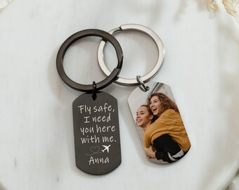 Personalized Photo Keyring, Custom Engraved Key Chain, Fly Safe Keyring, Personalized Gifts for Him, Gift for Her, Valentine's Day Gift