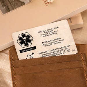 Emergency Medical Contact Card, ID Tag, Personalized Laser Engraved Metal Card, NHS, Information Tag, Medical Alert Card, Gift for Him