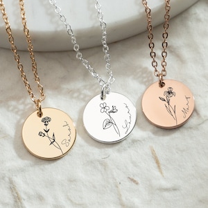 Personalized Birth Flower Necklace with Name, Engraved Floral Necklace, Valentines Days, Necklaces For Women, Birthday Gift, Gift for Her