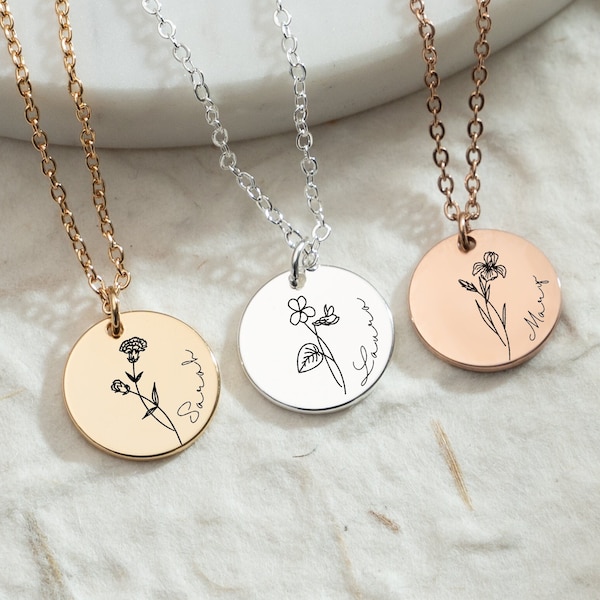 名前入り誕生花ネックレス、刻印入り花ネックレス、バレンタインデー、女性用ネックレス、誕生日プレゼント、彼女へのギフト