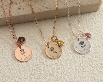 Custom Birth Flower Necklace, Birthstone Name Necklace, Engraved Date Necklace, Minimalist Necklace, Gift for Her, Graduation Gift