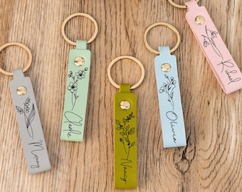 Personalized Woman Keychain, Custom Birth Flower Keyring with Name Engraved, Gifts for Her, Him, Birthday Gift, Back to School Gift