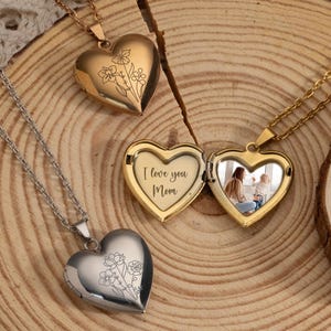 Family Birth Flower Bouquet Locket Necklace with Photo, Engraved Birthflower Pendant, Mother&#39;s day Gift, Birthday Gift for Her