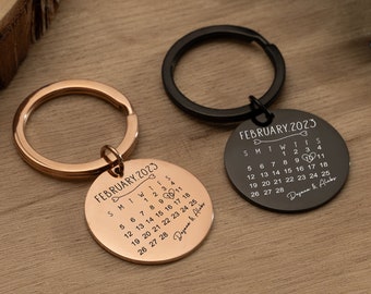 Personalized Metal Keychain, Calendar Date Keyring, Anniversary Key Chain, Gift For Boyfriend, Birthday Gift, Valentine's Day Gift for Him