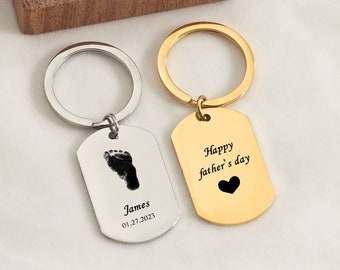 Engraved Baby Footprint Keychain, Personalized Keychain Key Charm Handprint Keychain Child Name Keychain Kids Name, Fathers Day Gift