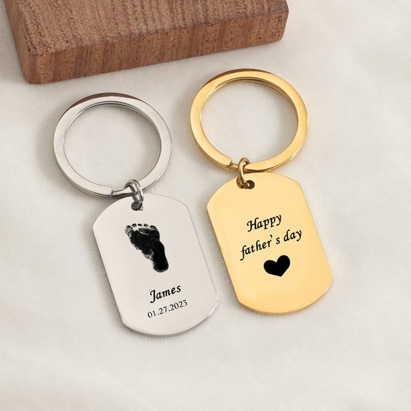 Engraved Baby Footprint Keychain, Personalized Keychain Key Charm Handprint Keychain Child Name Keychain Kids Name, Fathers Day Gift