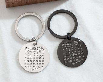 Personalized Metal Keychain, Calendar Date Keyring, Anniversary Key Chain, Gift For Boyfriend, Birthday Gift, Valentine's Day Gift for Him