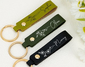 Custom Name Keychain With Birth Flower, Personalized Men Keychain, Valentines Day for Him, Minimalist Keychain, Unique Holiday Gift