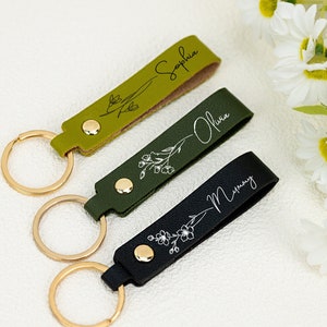 Custom Name Keychain With Birth Flower, Personalized Men Keychain, Valentines Day for Him, Minimalist Keychain, Unique Holiday Gift image 1