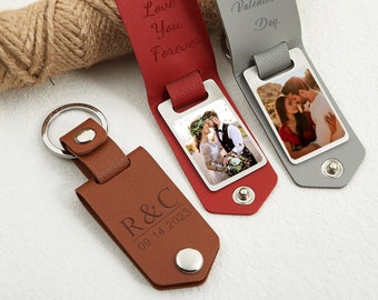 Personalized Leather Photo Keyring, Custom Any Text Keyring for Boyfriend, Anniversary Gift, Gift for Couples, Gift for Him, Valentines Days