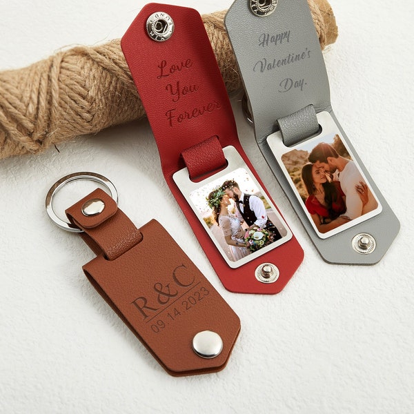 Personalized Leather Photo Keyring, Custom Any Text Keyring for Boyfriend, Anniversary Gift, Gift for Couples, Gift for Him, Valentines Days