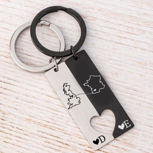 Porte-clés de pays personnalisé Porte-clés pour deux maisons, Porte-clés d'État, Cadeau pour une relation longue distance, Carte de pays personnalisée, Cadeaux pour couples