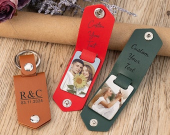 Personalized Leather Photo Keyring, Custom Any Text Keyring for Boyfriend, Anniversary Gift, Gift for Couples, Gift for Him,Fathers Day Gift