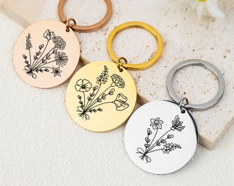 Personalised Birth Flower Keyring, Custom Floral Bouquet Keychain for Mom, Combined Birth Flower Keychain,Keyring for Women,Mothers Day Gift