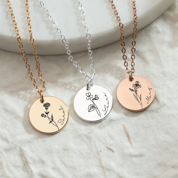 Collier fleur de naissance personnalisé avec prénom, collier floral gravé, Saint Valentin, colliers pour femme, cadeau d'anniversaire, cadeau pour elle