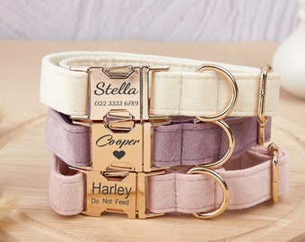 Multiple Colour Velvet Personalise Dog Collar, Custom Engraved Pet Name Plate Metal Buckle, Wedding Puppy Gift, Gift for Pet Mum