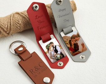 Personalized Leather Photo Keyring, Custom Any Text Keyring for Boyfriend, Anniversary Gift, Gift for Couples, Gift for Him, Valentines Days