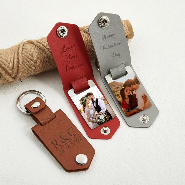 Personalized Leather Photo Keyring, Custom Any Text Keyring for Boyfriend, Anniversary Gift, Gift for Couples, Gift for Him, Valentines Days