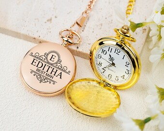 Custom Pocket Watch, Personalized Engraved Name Locket Watch, Wedding Gift for Usher, Groom,Valentines,Graduation, Fathers Day Gift for Dad