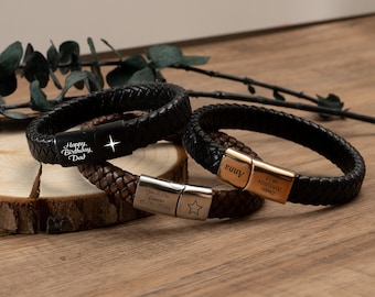 Gepersonaliseerde leren armband voor mannen, gegraveerde leren roestvrijstalen armband, vaderdagcadeau, handgemaakte sieraden voor vriend, vader, vader