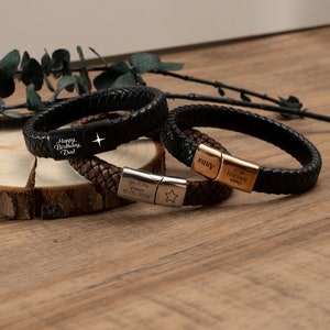 Pulsera de cuero personalizada para hombres, pulsera de acero inoxidable con cuero grabado, regalo del día del padre, joyería hecha a mano para novio, papá y papá