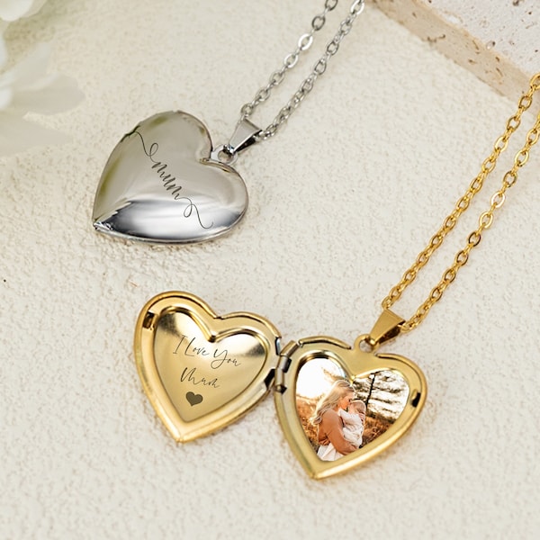 Image Locket Necklace, Engraved Heart Necklace, Gold Vintage Heart Locket Necklace, Memorial Jewelry, Mothers Day Gift,Birthday Gift for MOM