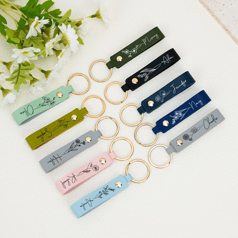 Custom Name Keychain With Birth Flower, Personalized Men Keychain, Valentines Day for Him, Minimalist Keychain, Unique Holiday Gift image 2