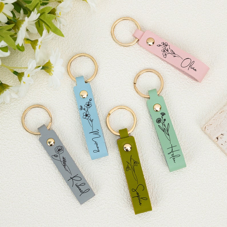 Custom Name Keychain With Birth Flower, Personalized Men Keychain, Valentines Day for Him, Minimalist Keychain, Unique Holiday Gift image 5