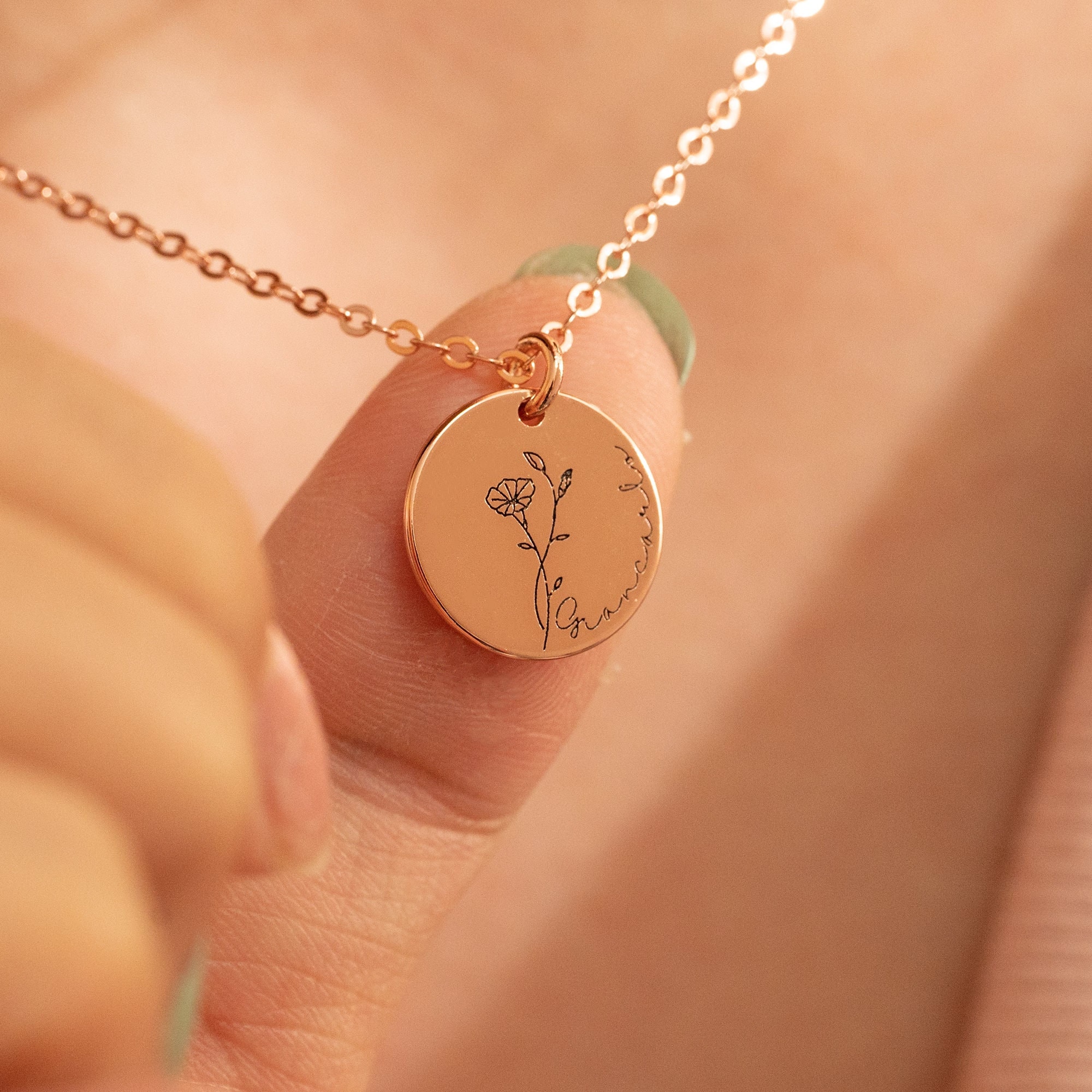Birth Flower Necklace, Engraved Name Necklace, Dainty Floral Necklace, Handmade Jewelry,Personalized Gifts,Birthday Mothers Day Gift for Her