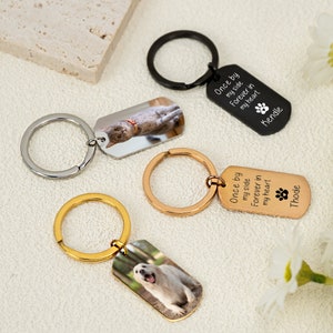 May include: Three silver, gold and black keychains with dog and cat photo inserts. Each keychain has a dog tag with the text "Once by my side Forever in my heart" and a name. The black keychain has the name "Kendle" and the gold keychain has the name "Thode".