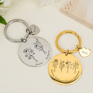 Personalized Name Initials Birth Flower Key Chain, Engraved New Baby Mothers Day Birthday Key Ring Gifts for Mom, Grandma, Gift for Sisters