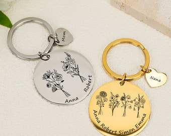 Personalized Name Initials Birth Flower Key Chain, Engraved New Baby Mothers Day Birthday Key Ring Gifts for Mom, Grandma, Gift for Sisters