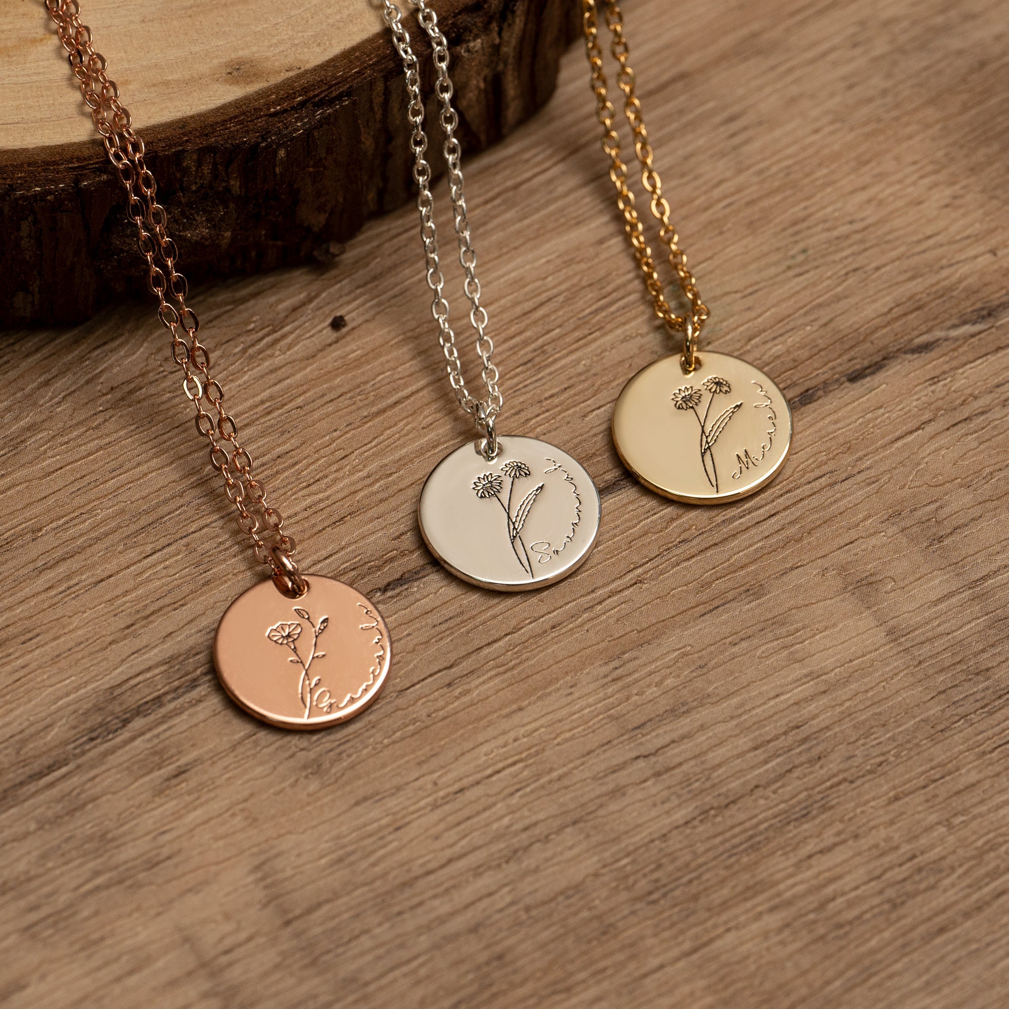 Birth Flower Necklace, Engraved Name Necklace, Dainty Floral Necklace, Handmade Jewelry,Personalized Gifts,Birthday Mothers Day Gift for Her