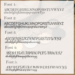 A display of five different font styles (Font 1 - Font 5) showing uppercase and lowercase alphabets. The fonts vary from simple and straightforward to ornate and decorative.