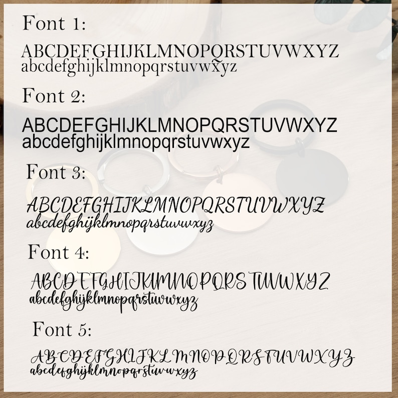 A display of five different font styles (Font 1 - Font 5) showing uppercase and lowercase alphabets. The fonts vary from simple and straightforward to ornate and decorative.