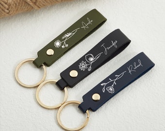 Custom Name Keychain With Birth Flower, Personalized Men Keychain, Valentines Day for Him, Minimalist Keychain, Unique Holiday Gift